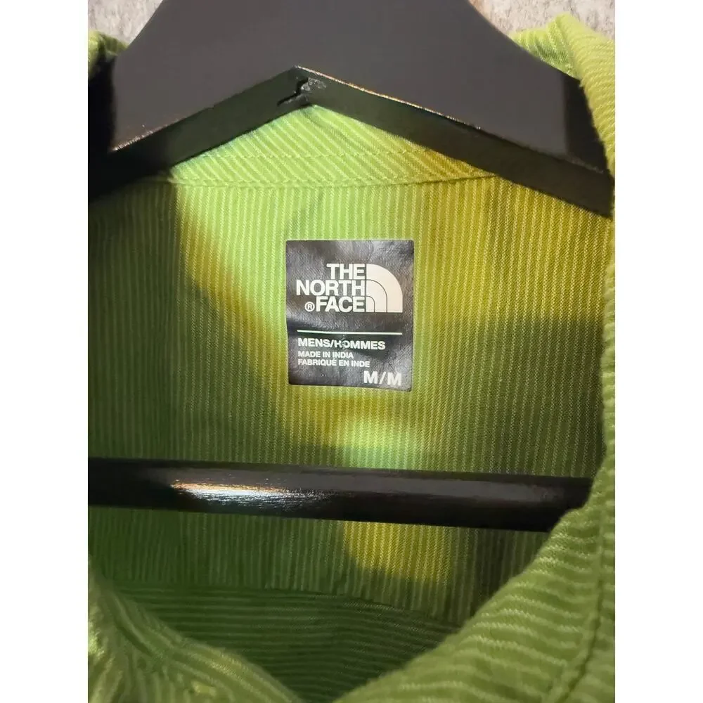 North Face Shirt Mens Med Green Striped Short Sleeve Button Up Camping Hiking
